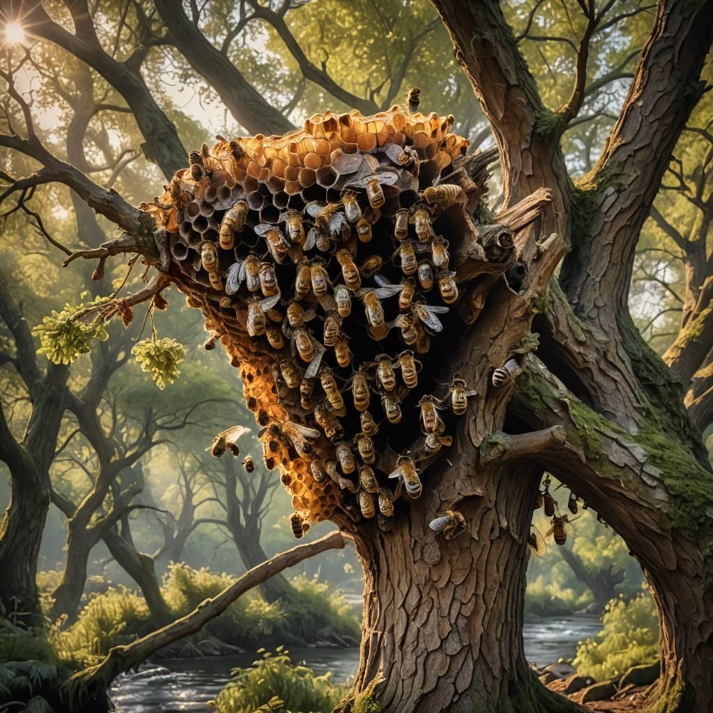 Hyperrealistic Honeycombs on Old Tree by River