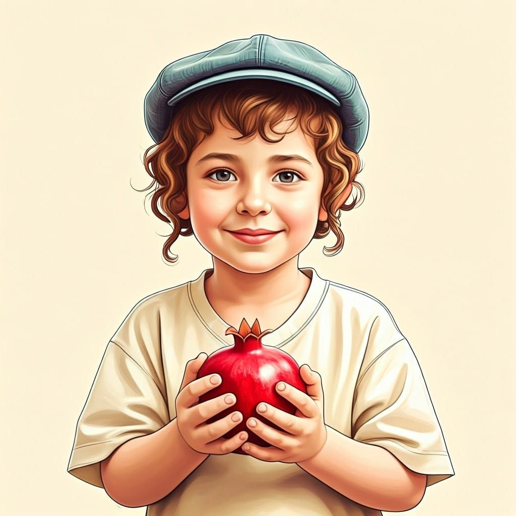 Joyful Boy with Pomegranate in Digital Art Style