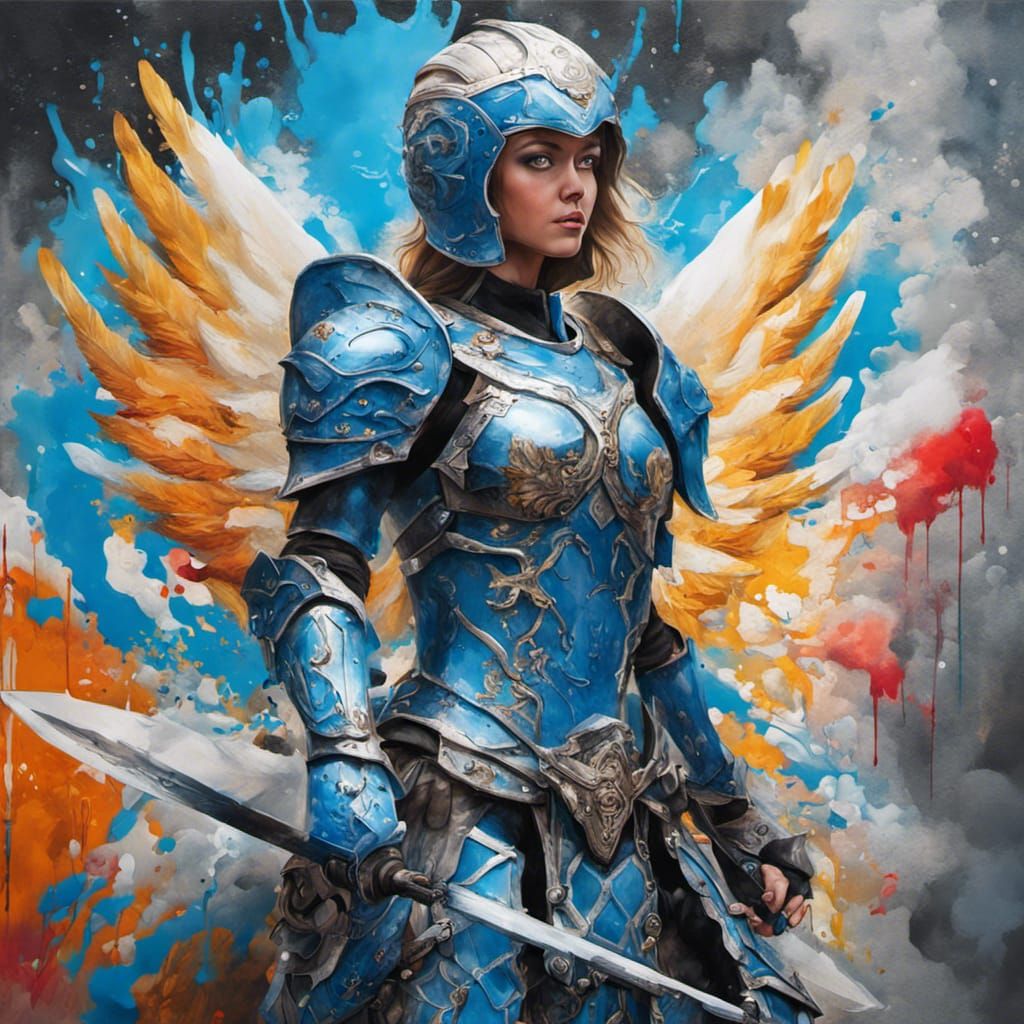 Blue-Eyed Angel Warrior in Graffiti Art Style