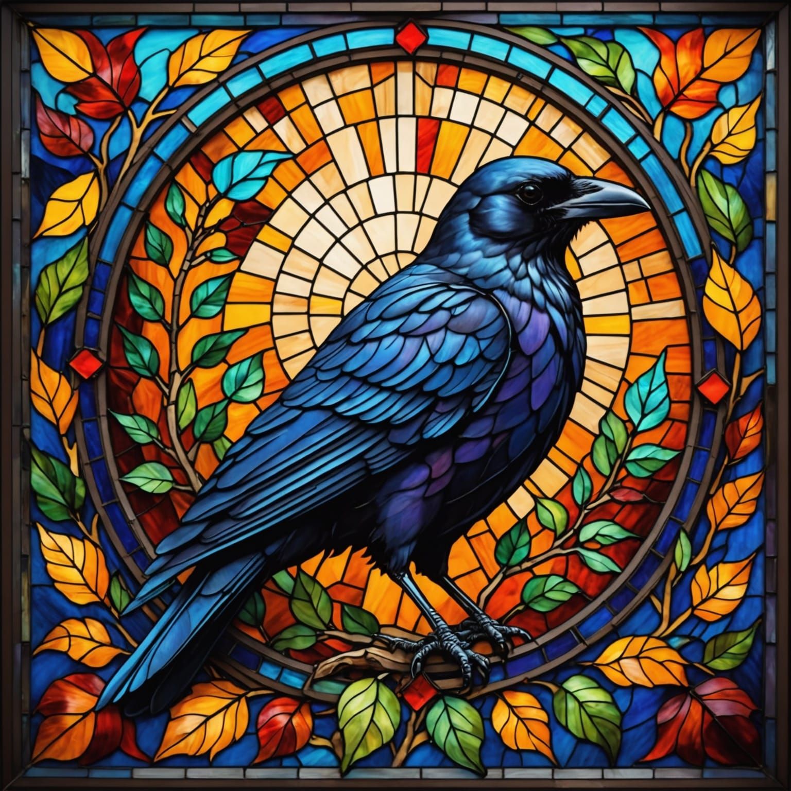 Vibrant Stained Glass Masterpiece with a Central Crow