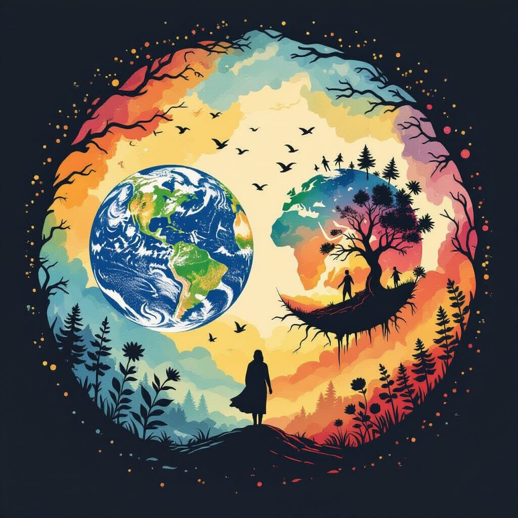 Earth Rebirth: Die-Cut Vector Art in Watercolor Style