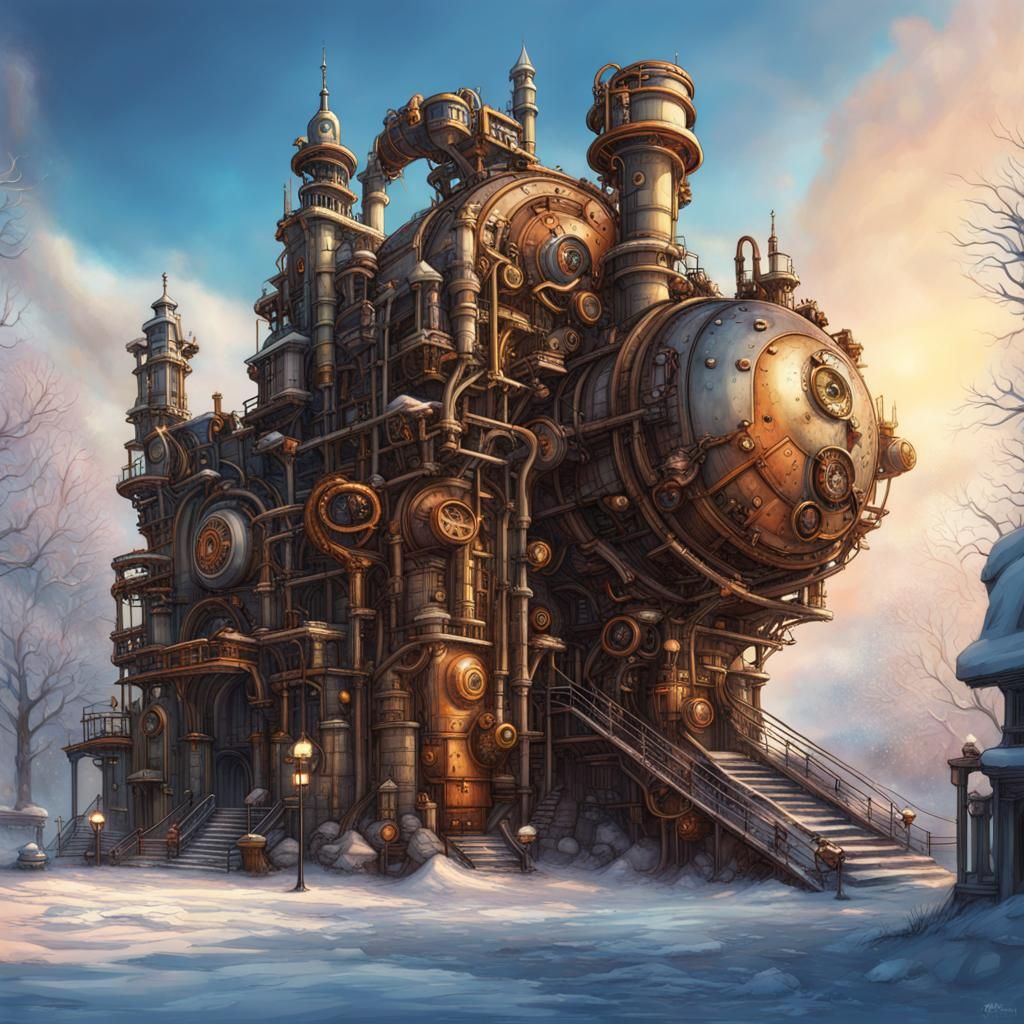 Steampunk Labyrinth City in Winter Wonderland