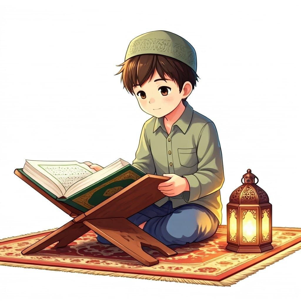 Anime Boy Reading Qur'an in Araki-Obata-Miyazaki Style