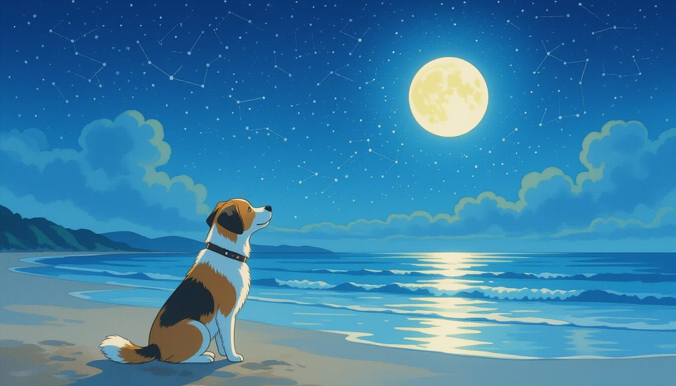 Twilight Beach Dog Gazing at Constellations