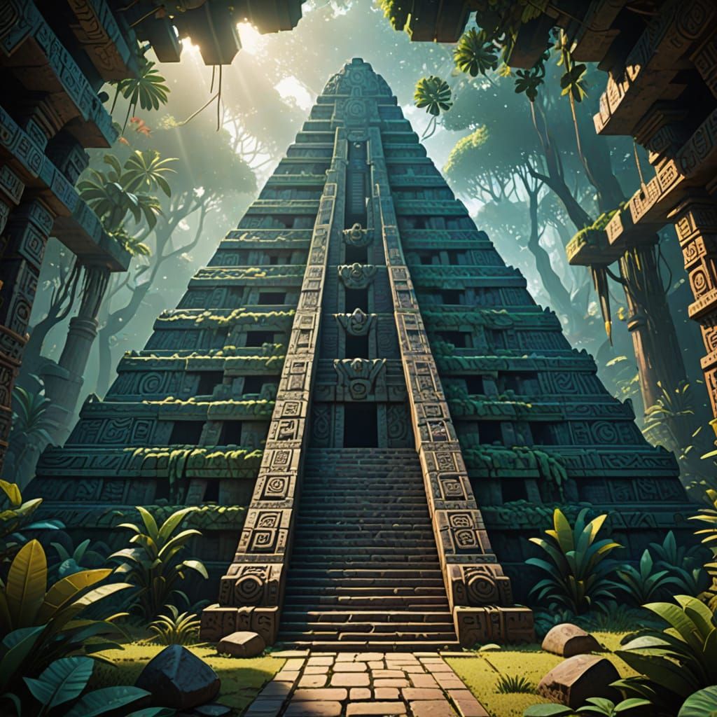 Epic Anime-Style Mayan-Aztec Pyramid Rises from Jungle Depth...