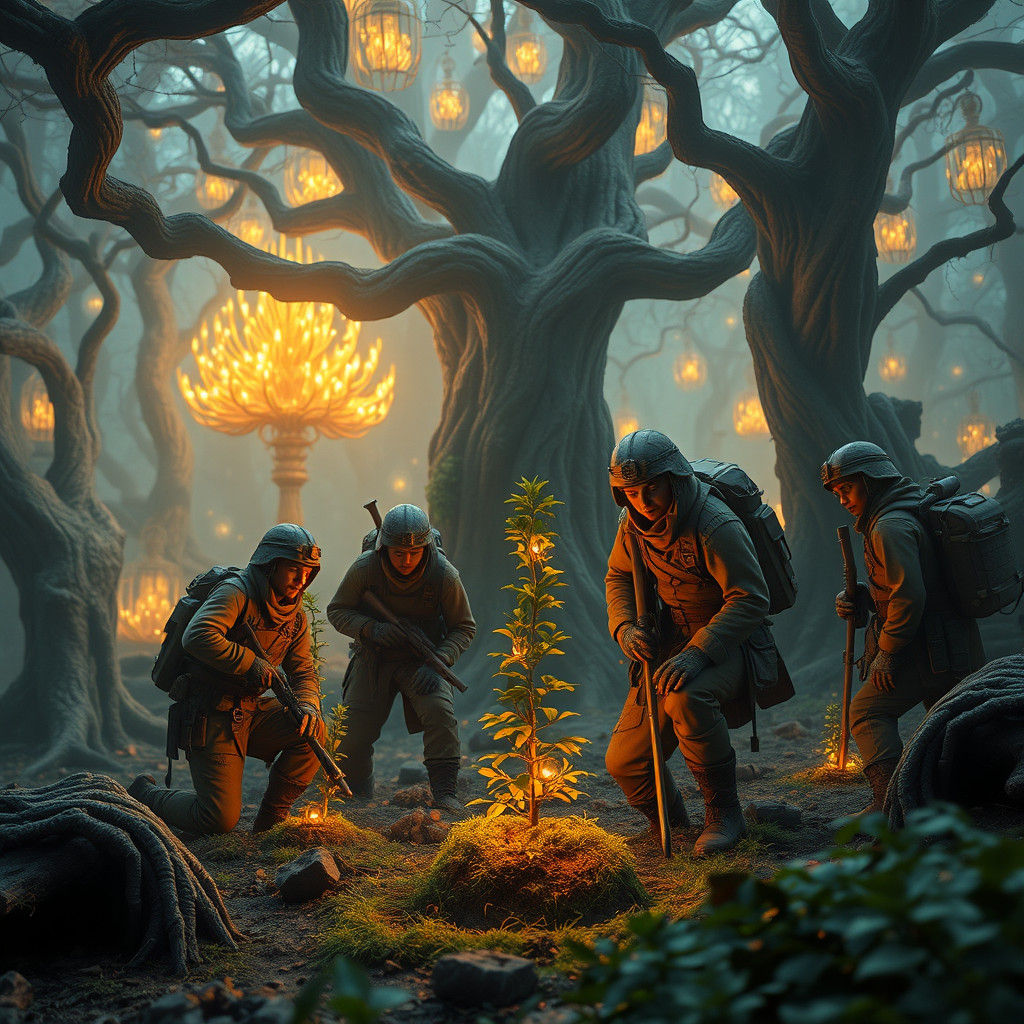 Soldiers Planting Saplings in Mystical Forest