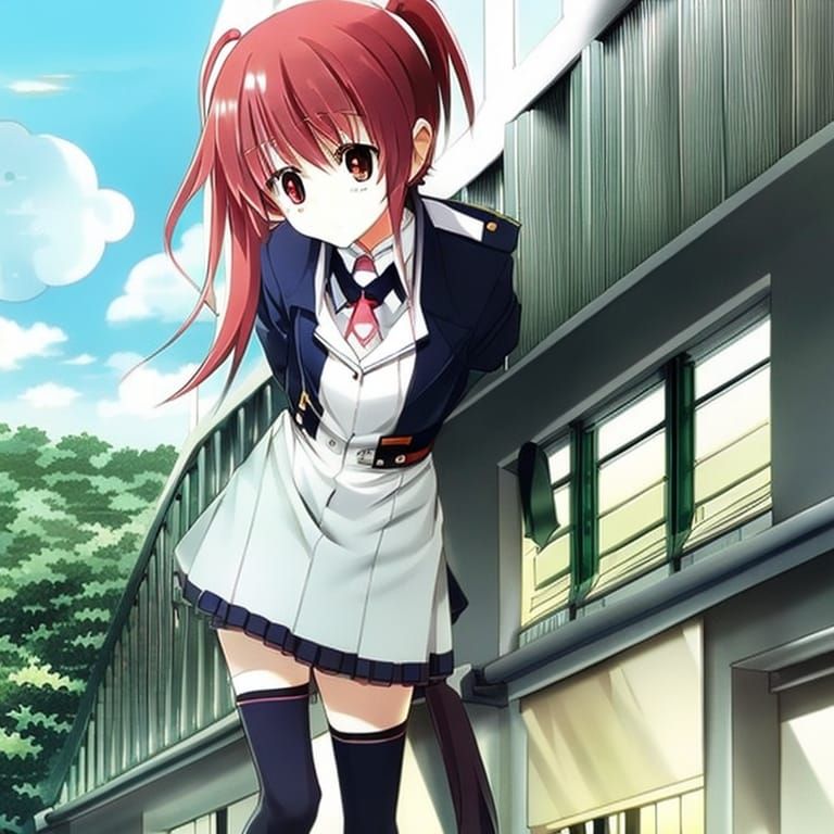 Cute Anime Student Waiting at School