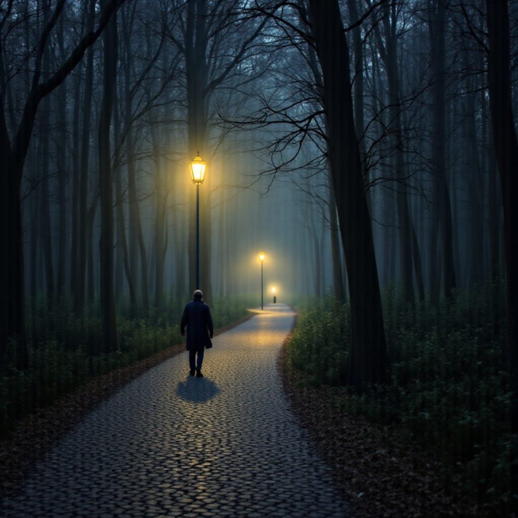 Shadowy Figure With Lantern Guides Path Through Moonlit Fore...