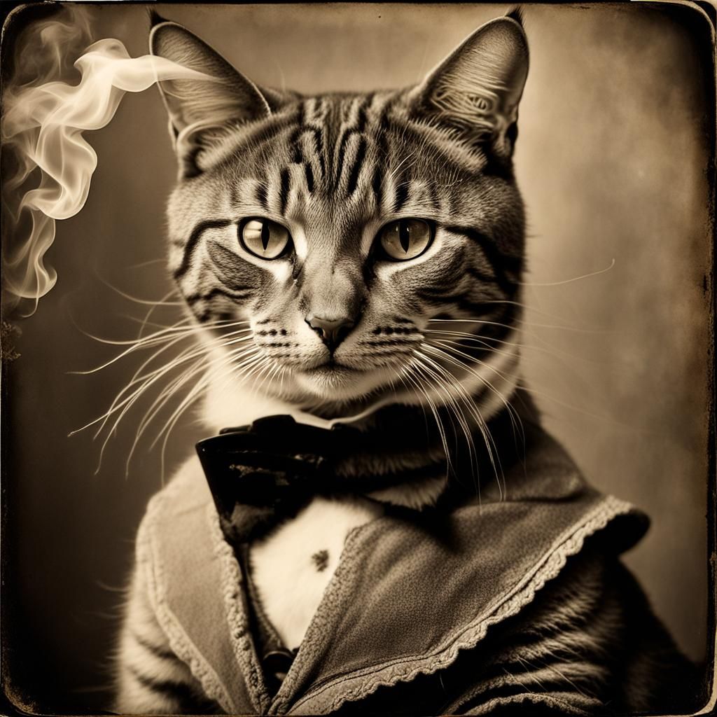 Antique Portrait of Tabby Cat Smoking