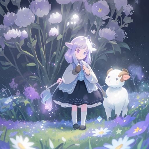 Starry Sheep in Flower Field: Art Nouveau