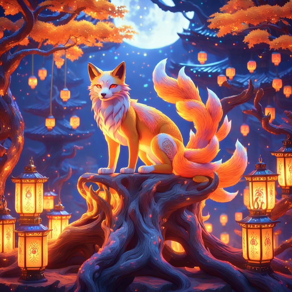 Majestic Kitsune on Mystical Tree in Fantasy Art