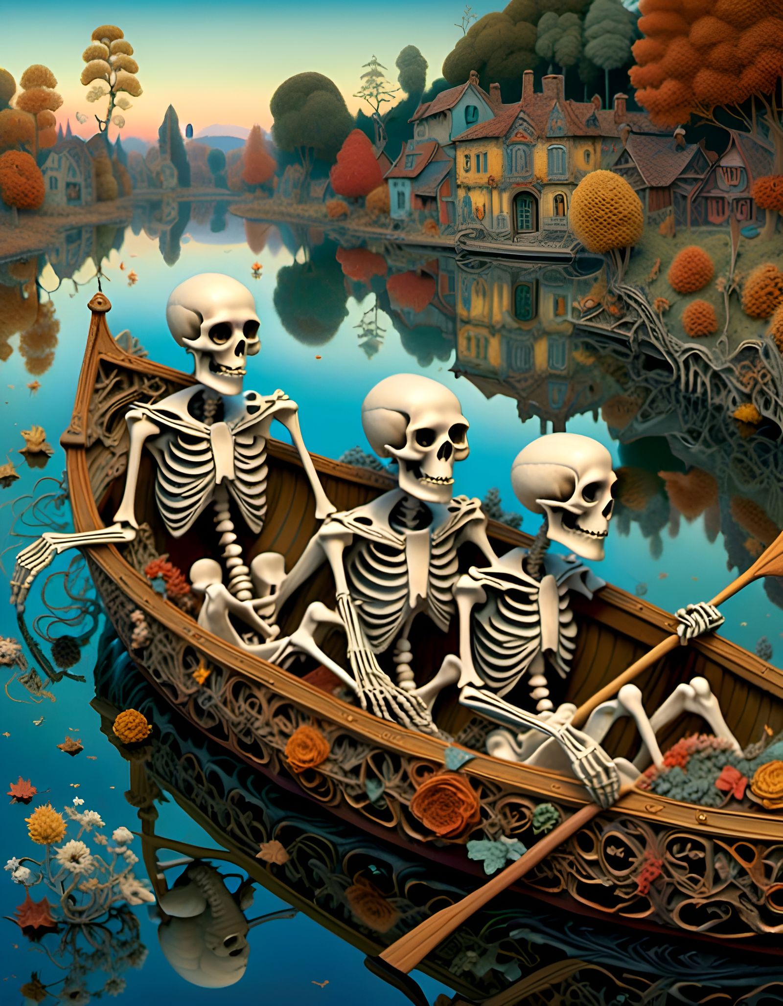 Skeletal Rowers on Golden Lake, Dark Fantasy Art