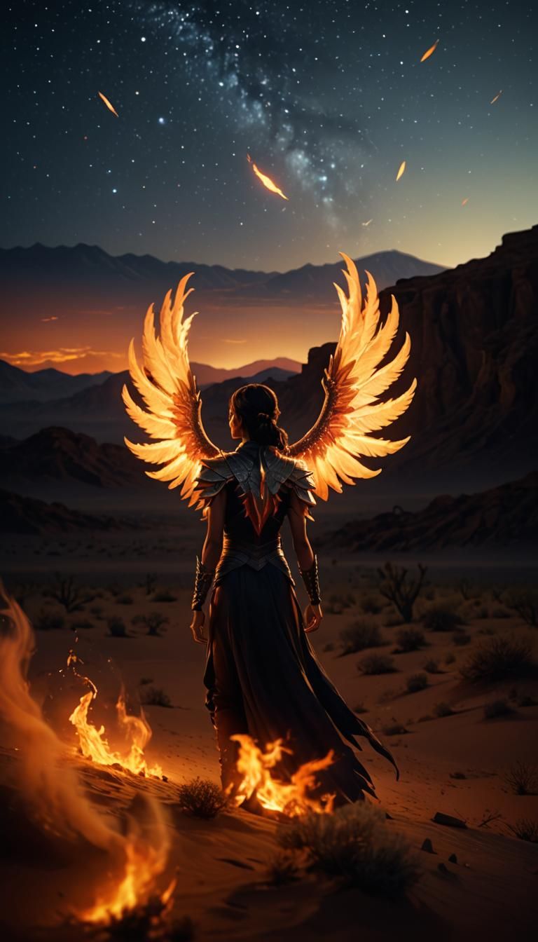 Woman with Wings of Fire in Desert Night