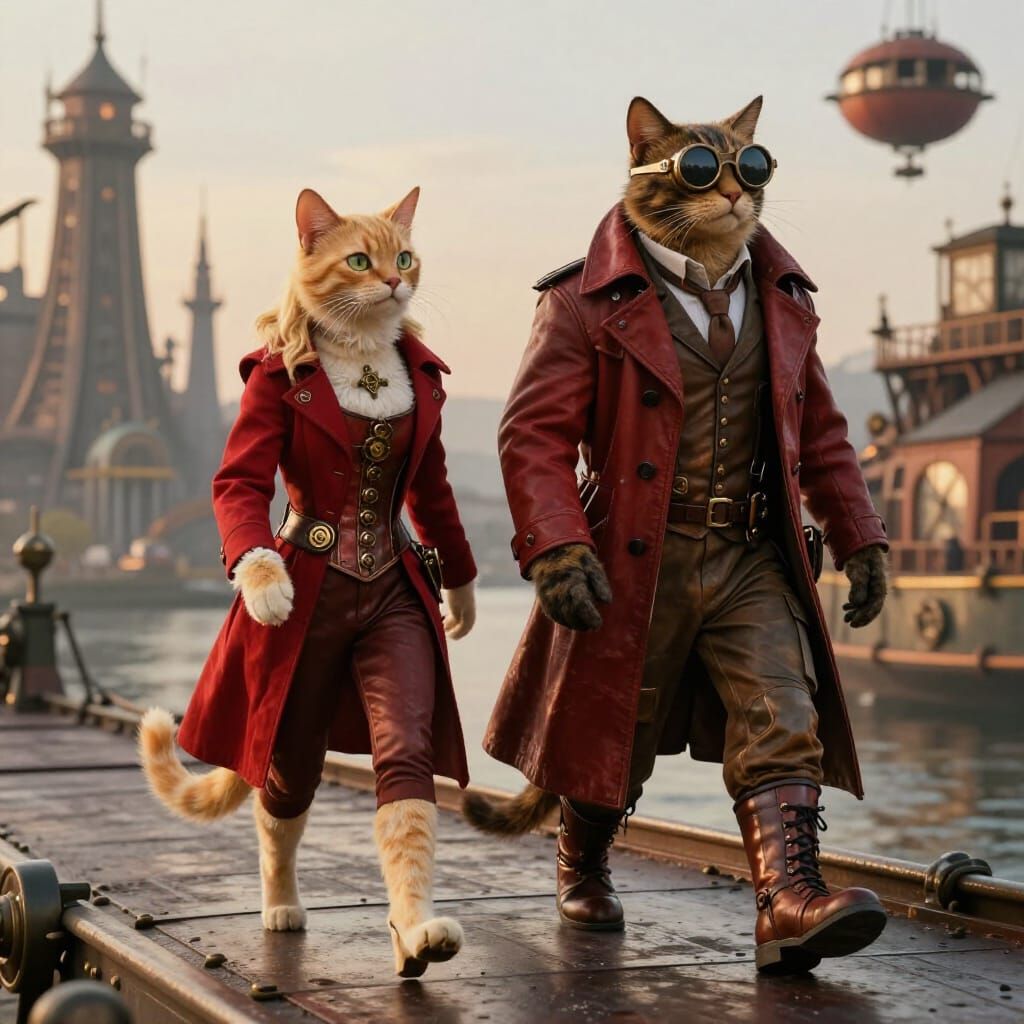 Steampunk Cat Couple on Airship Bridge