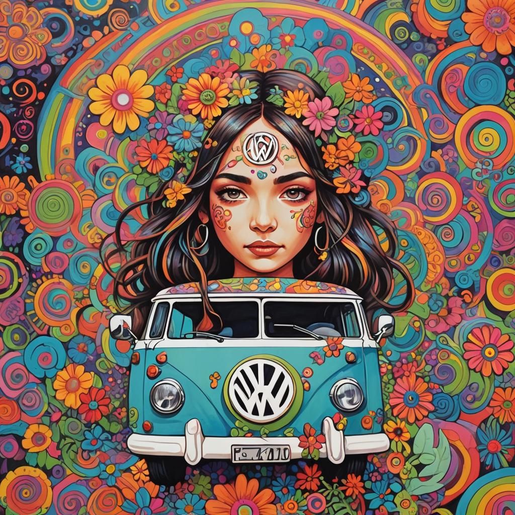 Cyberpunk Flower Child: VW Bus and Peace