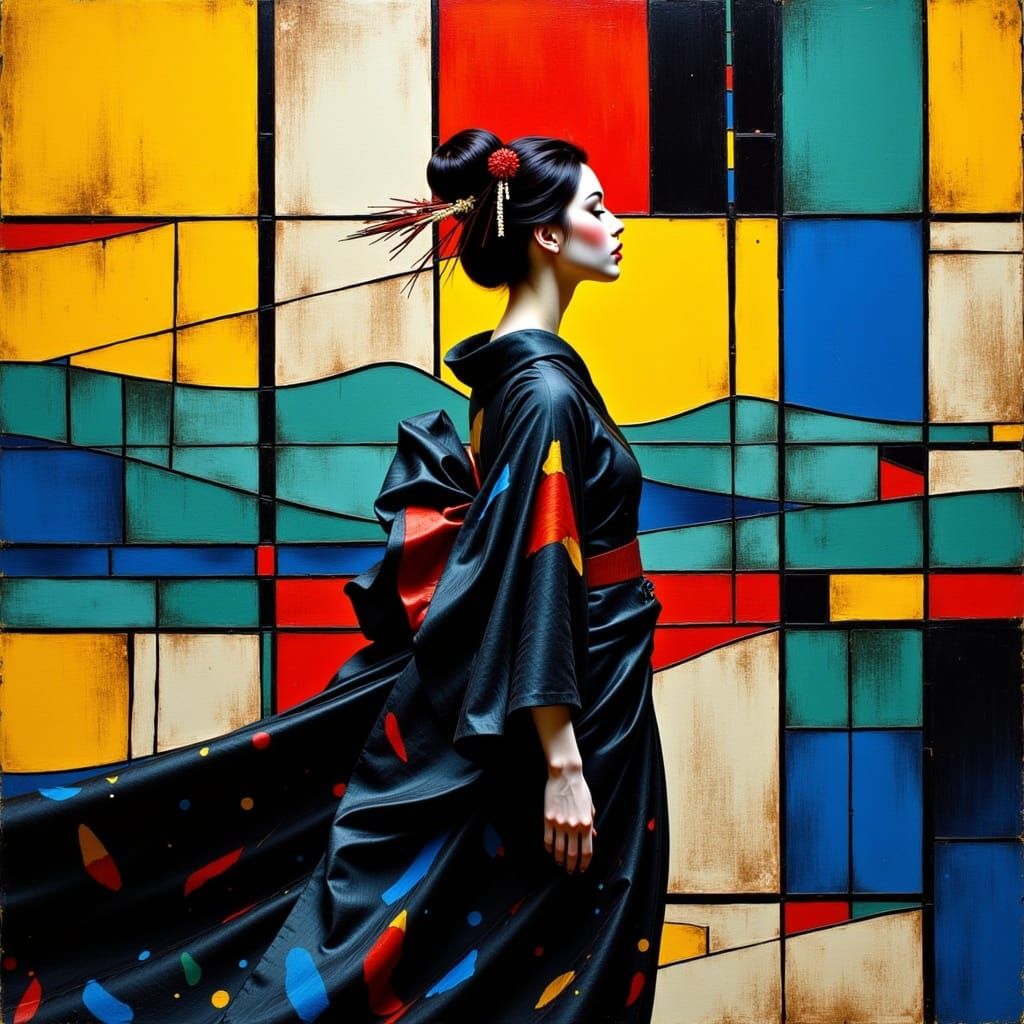 Geisha figure dynamic pose in motion in the japanese piet la...