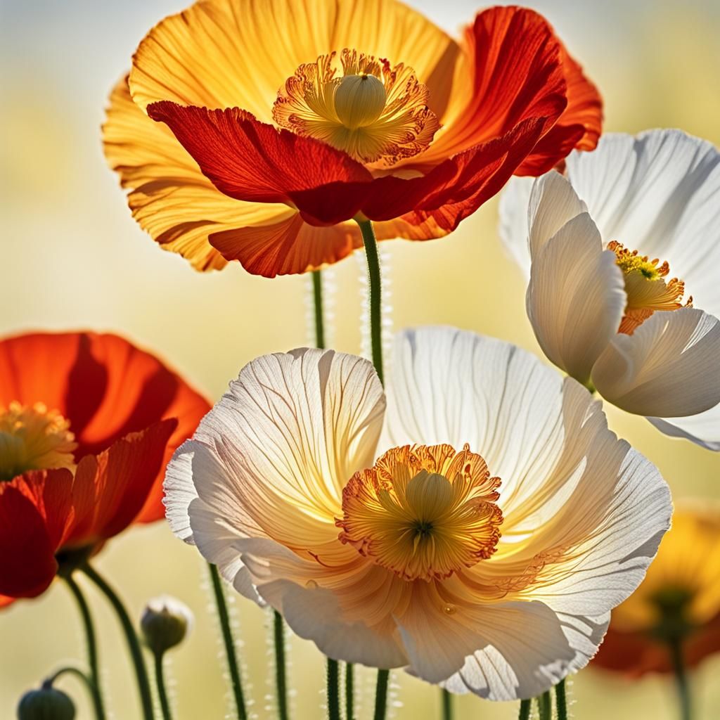 Macro Photograph of Red, Yellow, and White Poppies