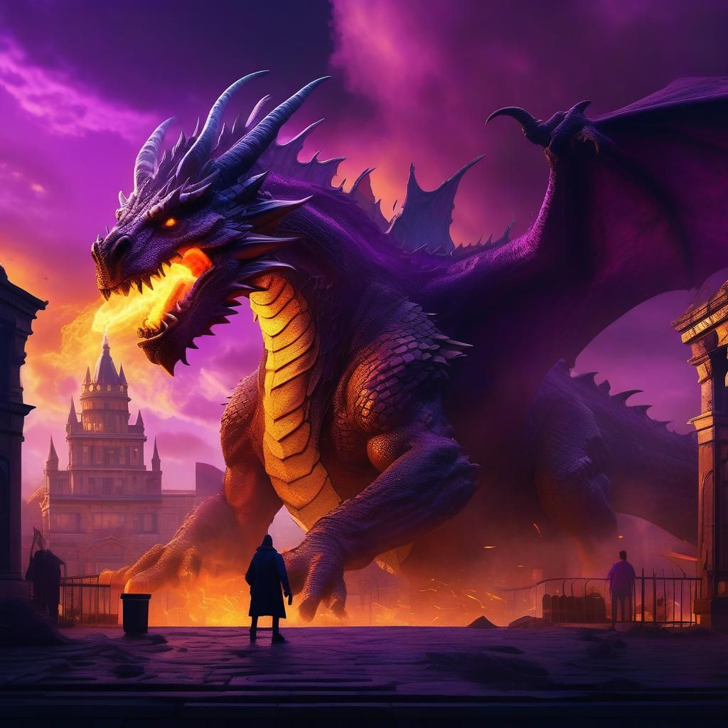 Monster and Dragon Battle in Apocalyptic Cityscape