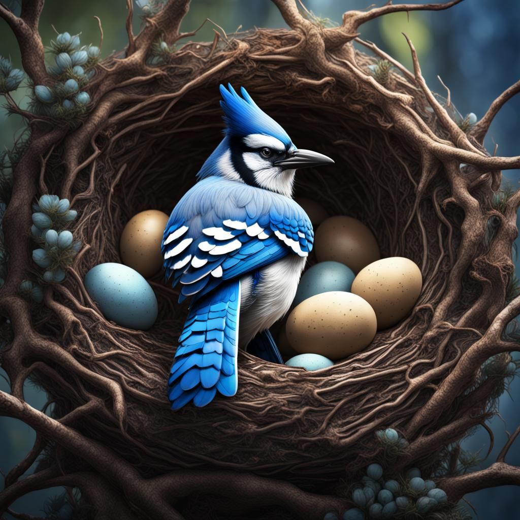 Bluejay Nest with Eggs: Detailed Matte Painting