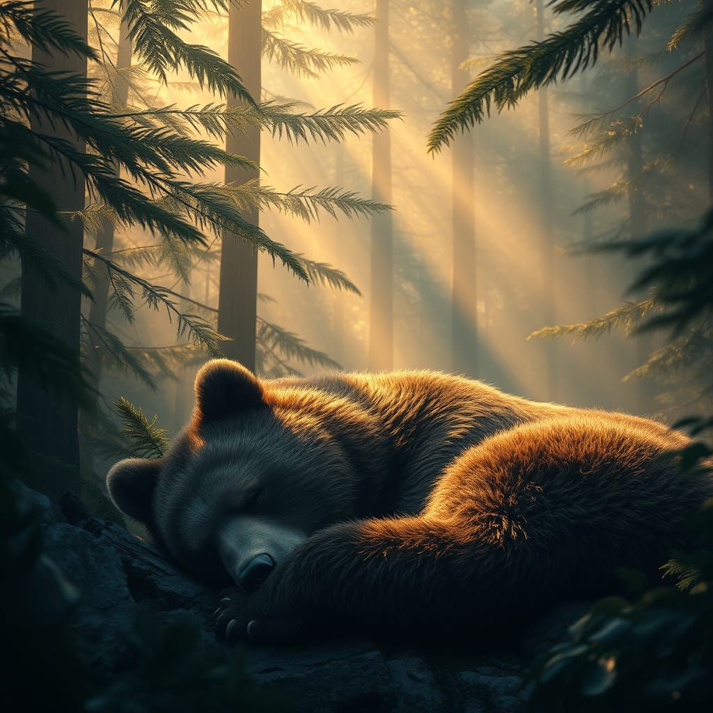 Realistic Forest Grizzly Bear in Golden Light