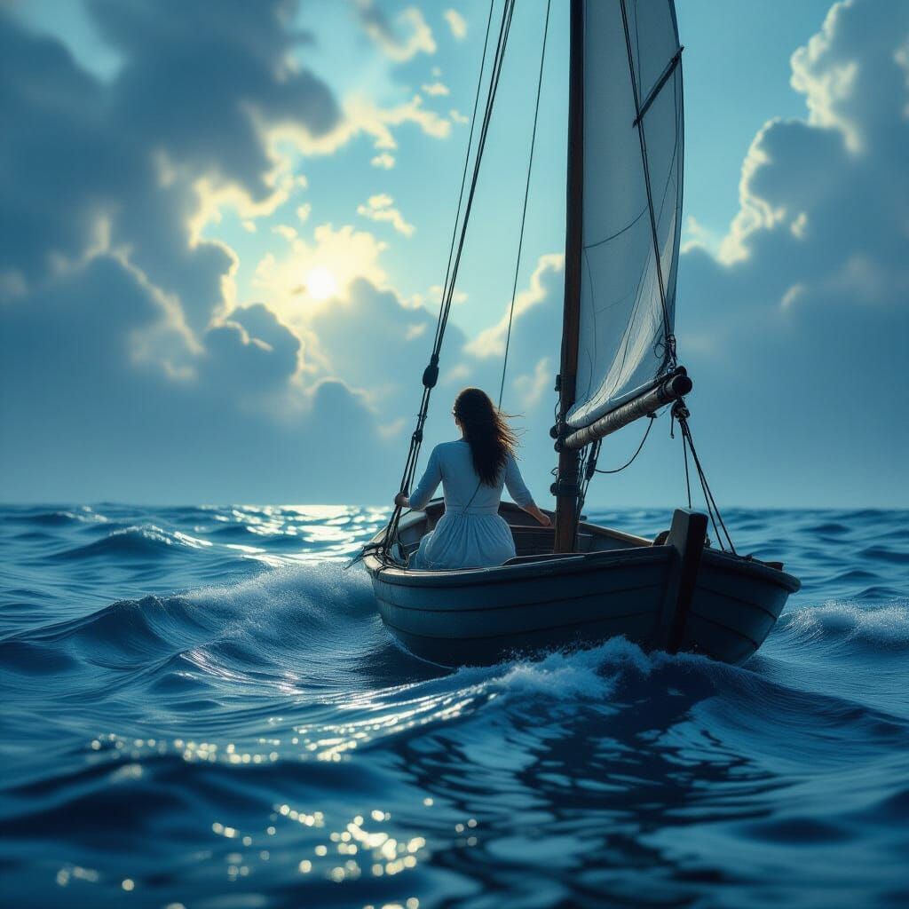 Woman Navigates Turbulent Ocean in Cinematic Style