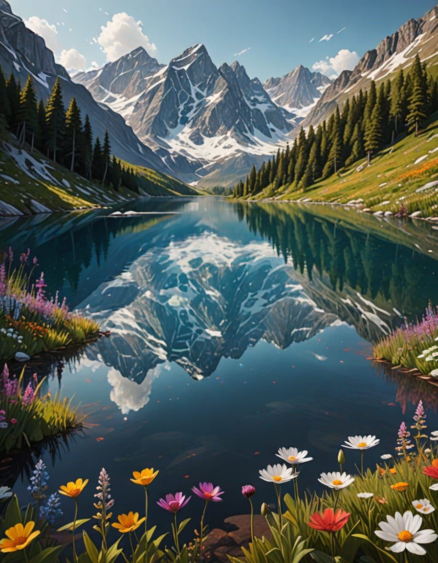 Serene Alpine Lake Reflected in Mirrored Water