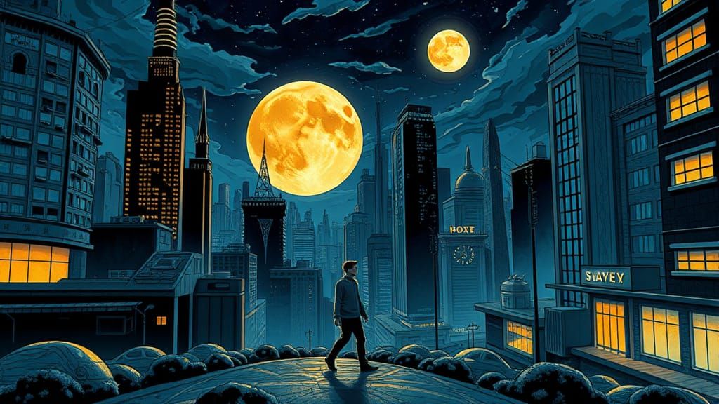 Sleepwalking in Surreal Moonlit Cityscape, Comic Book Art