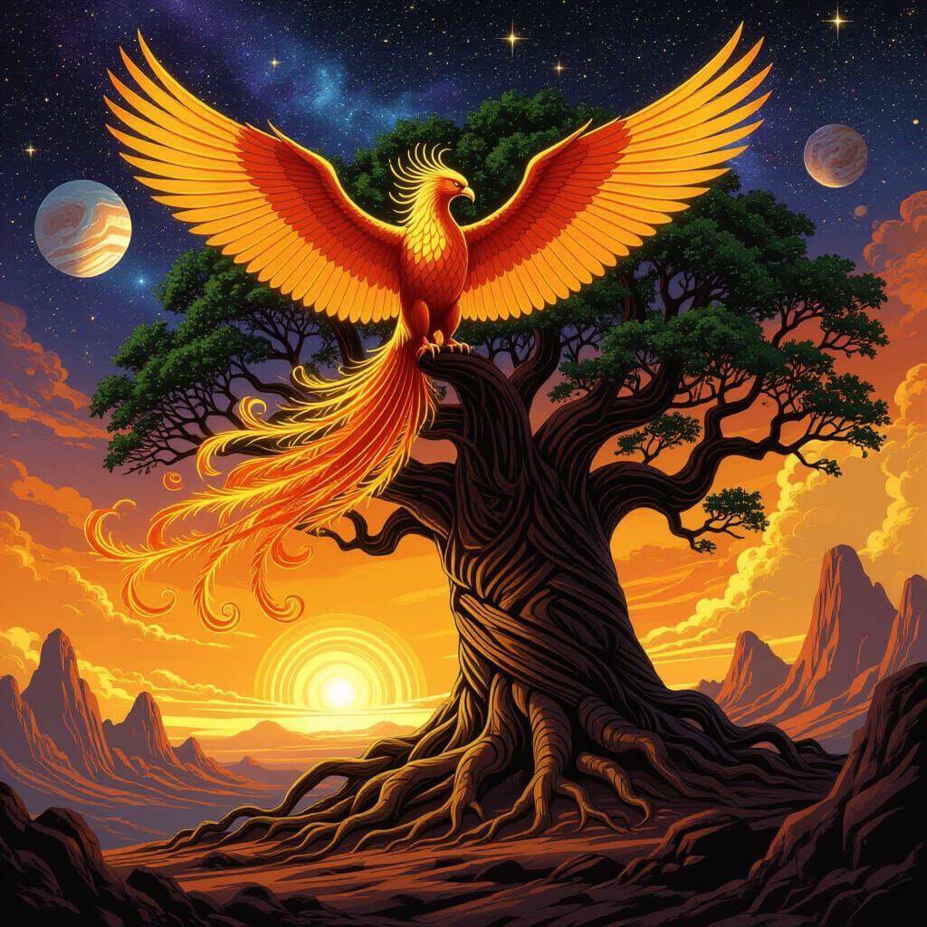 Golden Phoenix on Ancient Tree in Cosmic Nebula