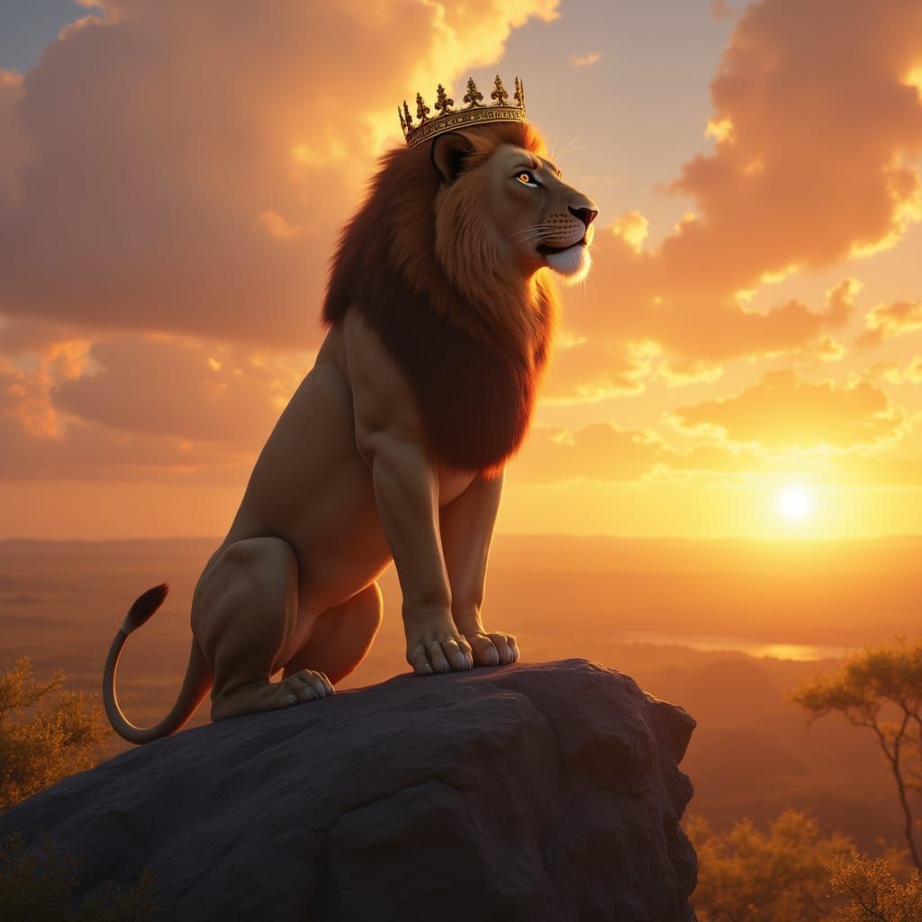 Majestic Lion King Surveying Regal Kingdom from Pride Rock i...
