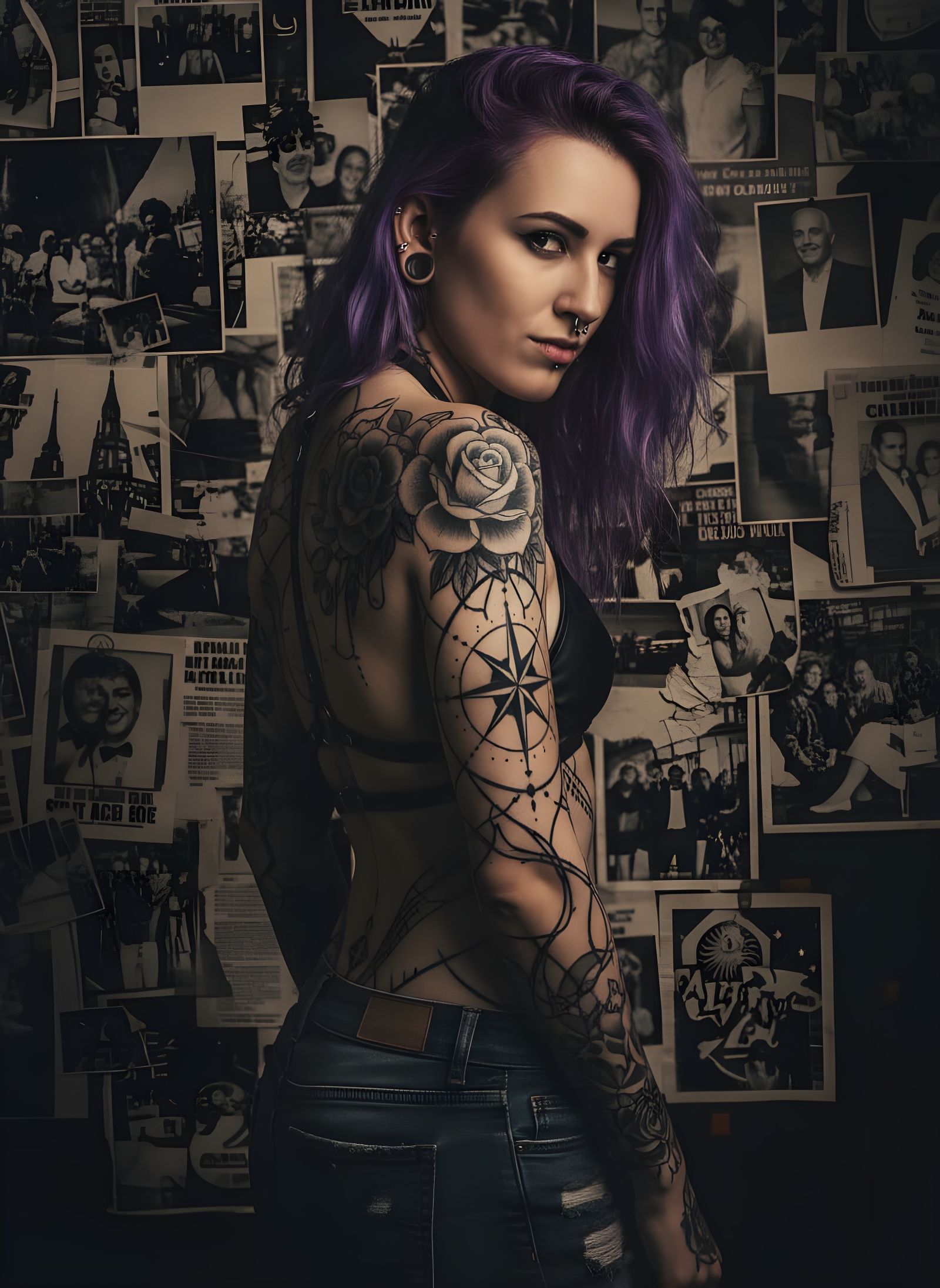 Photorealistic Portrait of Tattooed Woman with Purple Hair