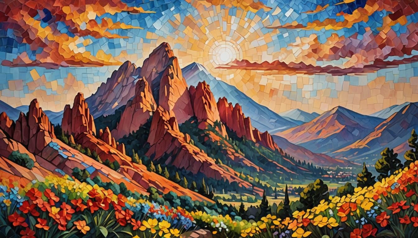 Painterly Mosaic: Pikes Peak Landscape in Vivid Colors
