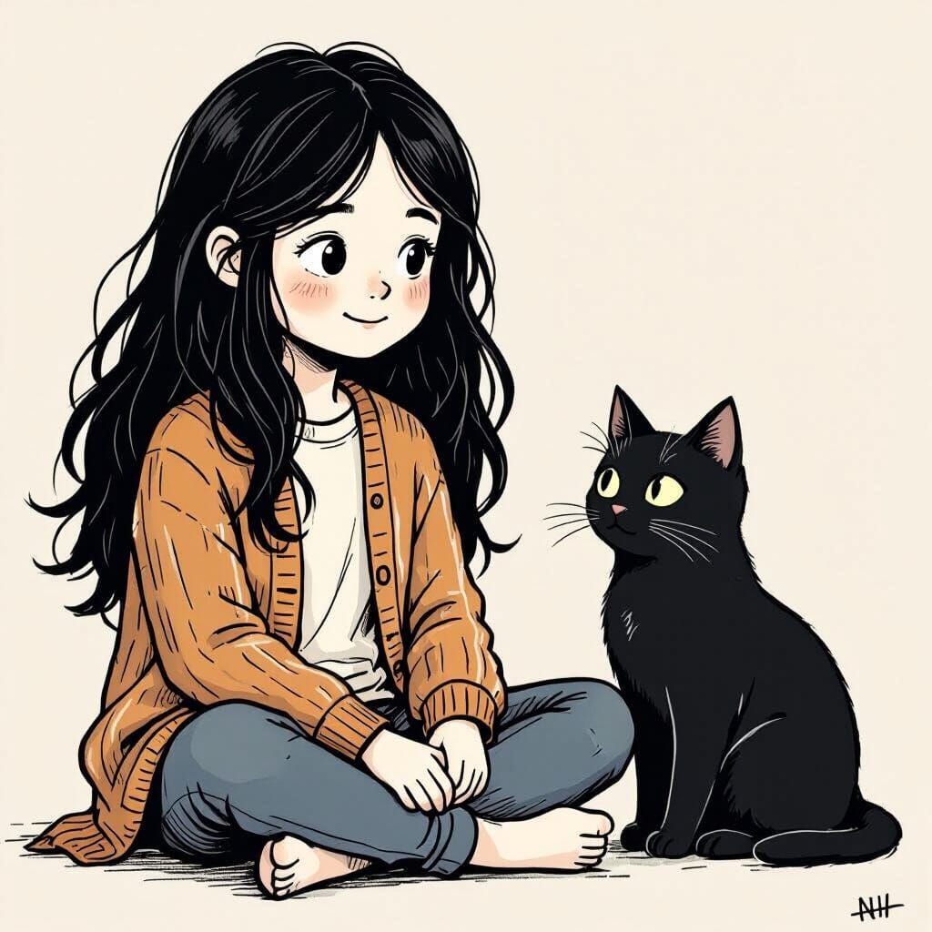 Girl and Cat Illustration in Comic Book Style