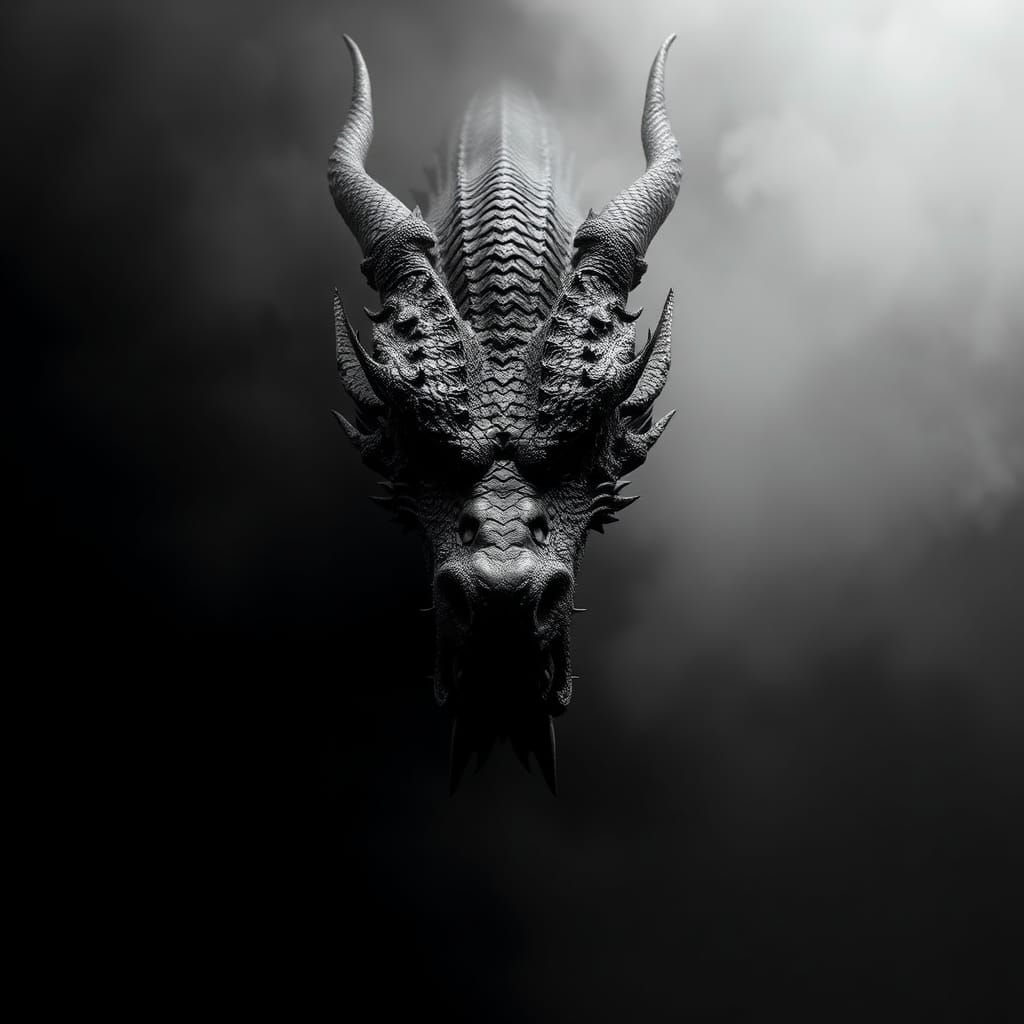 Hyperrealist Black Dragon Head in Fog