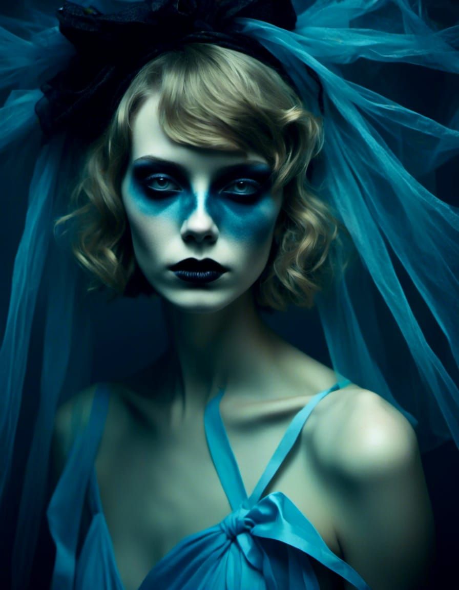 Your eyes are just like black spiders, your hair and dress in ribbons - (Powder Blue, Elbow)