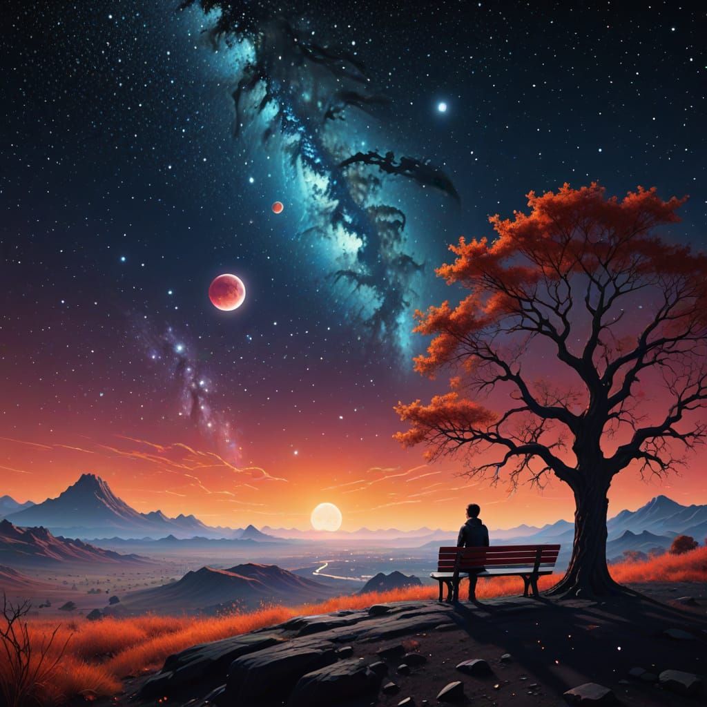 Cosmic Contemplation: Lone Figure Under Celestial Sky