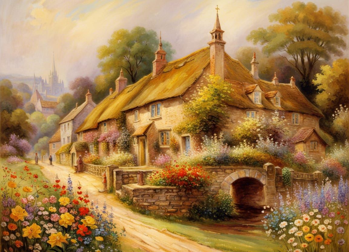 Idyllic Village Scene in an Oil Painting Style