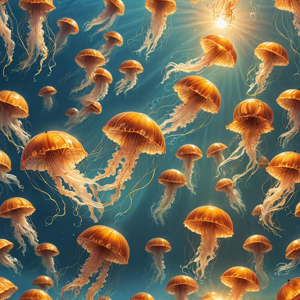 Ocean Jellyfish Sunset: Fantasy Art in Golden Hues