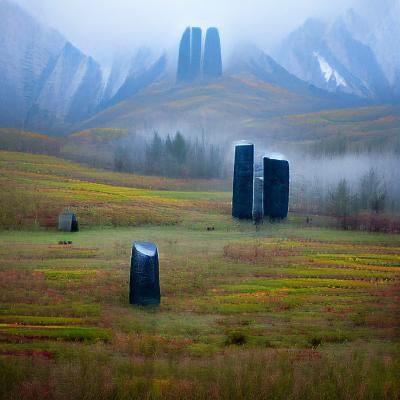 Mysterious Monoliths in Foggy Mountain Landscape