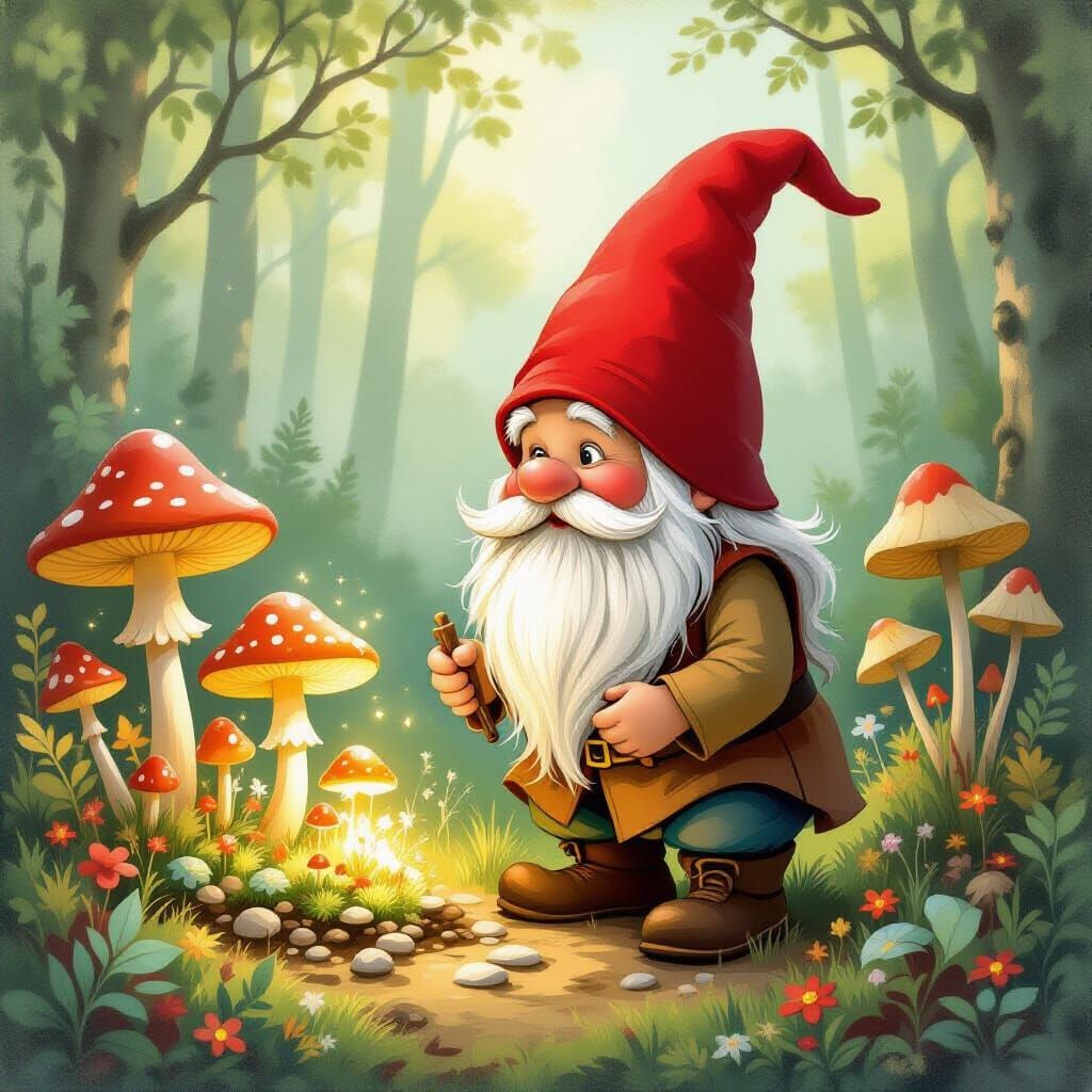 Whimsical Gnome Tends Glowing Mushrooms in Forest Clearing