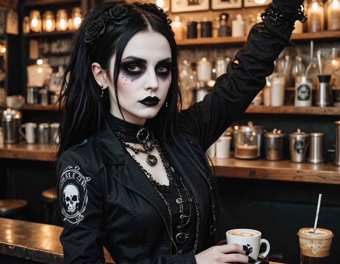 Goth Fashion Model in Coffee Shop