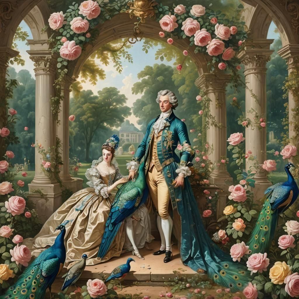 Rococo Couple in Palladian Garden With Peacocks
