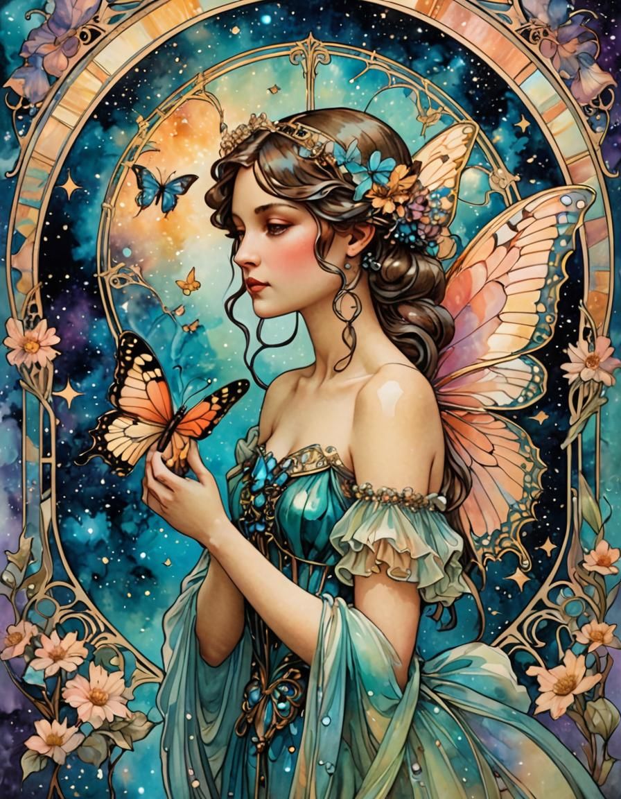 Victorian Fairy with Galactic Background in Art Deco Style