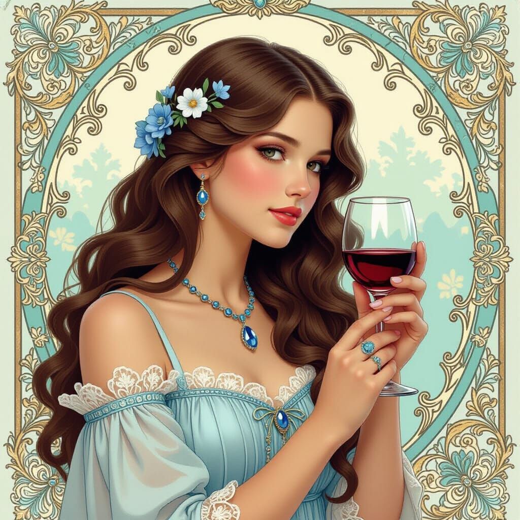 Woman with Wine in Art Nouveau Style