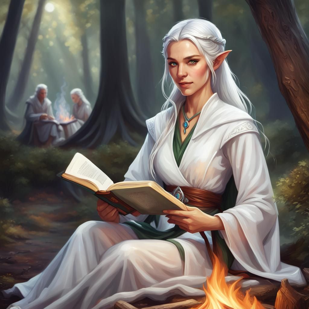 High Elf Cleric Reading by Campfire Portrait
