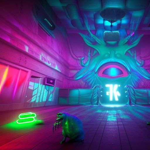 Monsters Sing Karaoke in Ominous Neon Horror Style