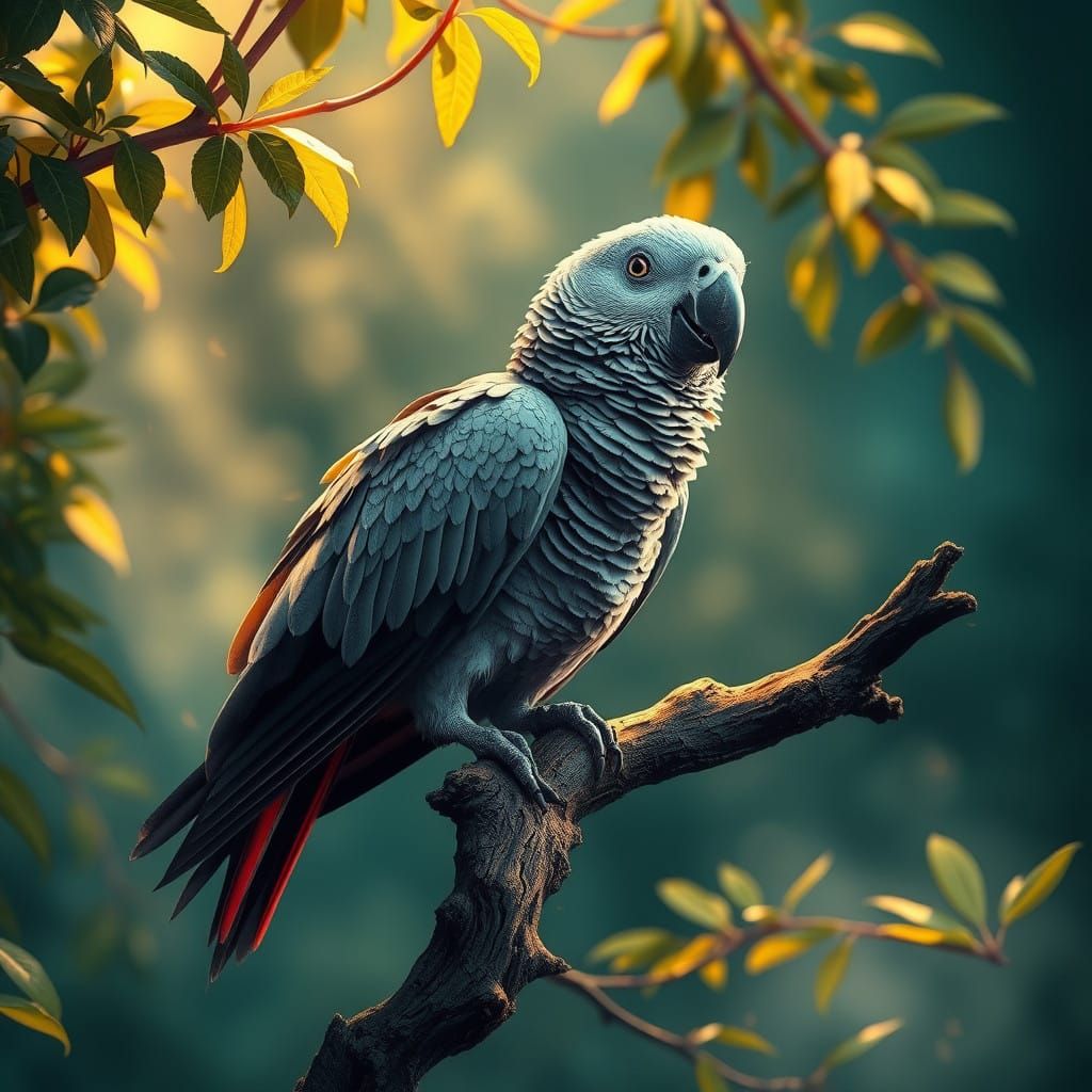 Majestic African Grey Parrot in Whimsical Forest Habitat