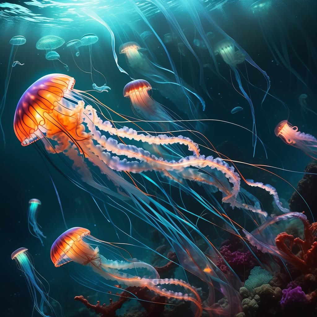Bioluminescent Jellyfish with Scaled Tail Concept Art