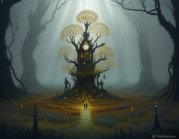 Mysterious Garden with Twisted Pocket Watch Blooms in Whimsi...