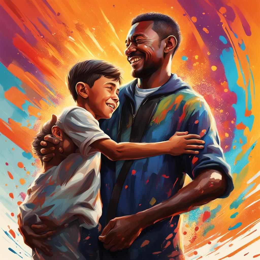 Father Congratulates Son: Hyperrealistic Splash Art