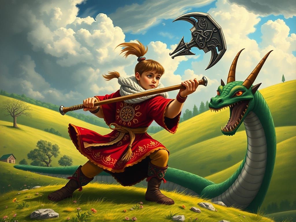 Kotyhoroshko Battles Dragon in Fairy Tale Illustration